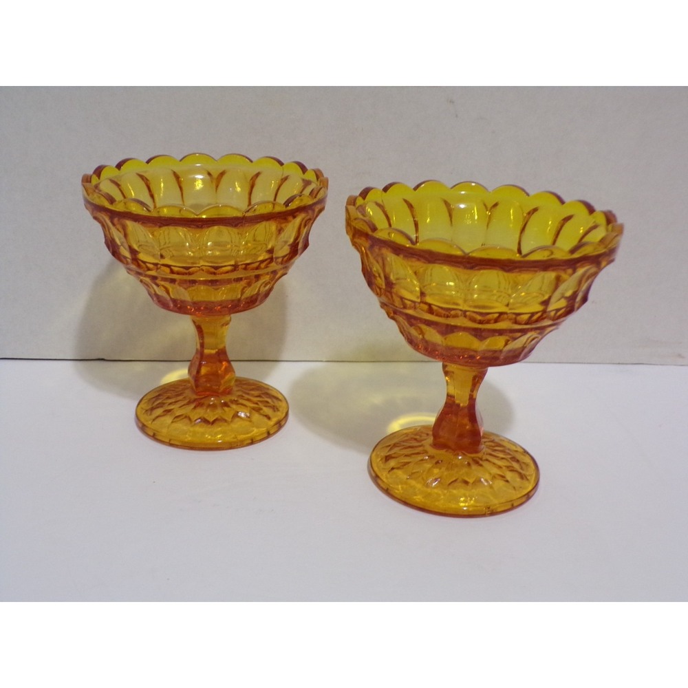 Indiana Glass Amber Whitehall Cubist Scalloped Rim Pedestal Sherbet Cups - Two